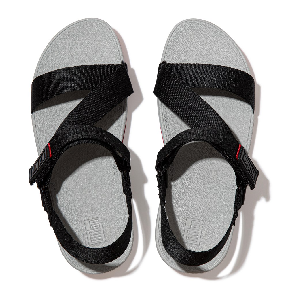 Fitflop Womens Sandals Black/Grey - Surfa Woven Logo Z-strap - 16ZBITKHG